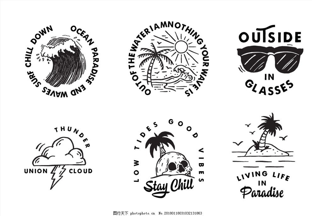 度假野营logo标牌 瓶贴 卡通 轮廓画 简笔画 可爱 田园风 黑白 手绘 线条 英文 logo 休闲 度假 太阳镜 墨镜 椰子树 海浪 海波 波涛 水波 太阳 云朵 乌云 闪电 骷髅 骷髅头 头骨 头盖骨 人头 勾线 填色 轮廓线 设计 广告设计 其他 AI
