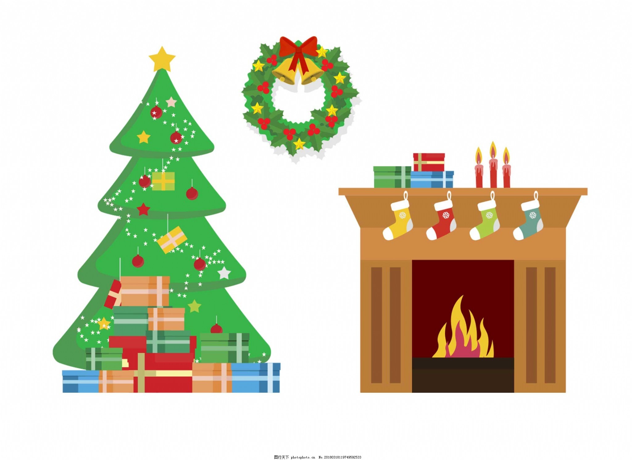 卡通圣诞节圣诞树袜子火炉png元素图片_装饰图案_设计元素-图行天下素材网